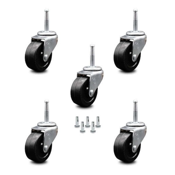 2 Inch Soft Rubber Wheel 5/16 Grip Neck Stem Caster, 5PK